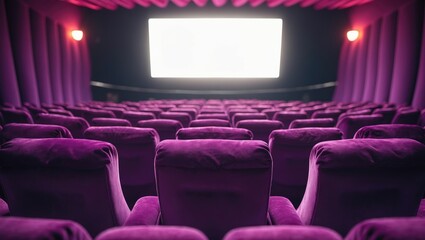Fototapeta premium Theater or cinema with purple seats facing a large screen. Entertainment venue, movie screening, and seating arrangement. The atmosphere of a classic cinema.