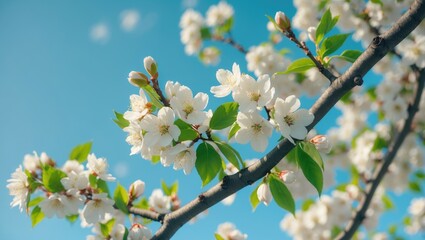 Fototapeta premium Blossoming branch of a tree with white flowers and green leaves under a blue sky. Nature and spring, flowering plant, season change. The concept of growth and renewal.