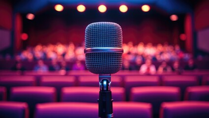 Microscope on stage in front of empty auditorium, prepared for speech or performance. Entertainment and stage setup, concept. Public speaking and presentation.