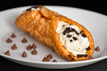 Cannoli Pastries filled with Mascarpone cream and Chocolate Chip on a white plate
