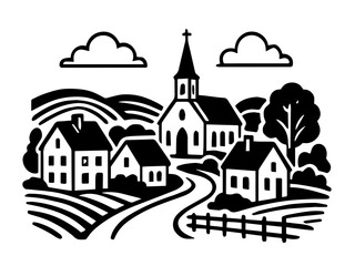 village, town, cityscape, skyline, countryside, rural, urban, black and white, vector, illustration, church, houses, homes, cottages, landscape, architecture, trees, nature, road, pathway, simple desi