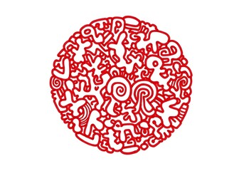 A circular design of many interconnected doodles and shapes, outlined in bold red, against a plain white background.