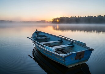Obraz premium Tranquil sunrise scene over a still lake, with a weathered blue rowboat gently resting on the water's surface.