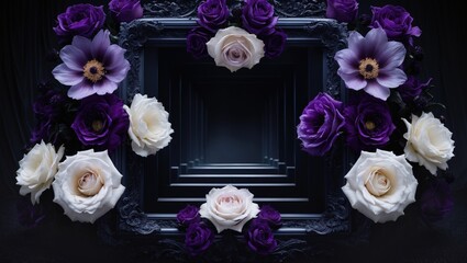 Flower arrangement with white and purple roses surrounding a black geometric frame, creating a floral and artistic display.