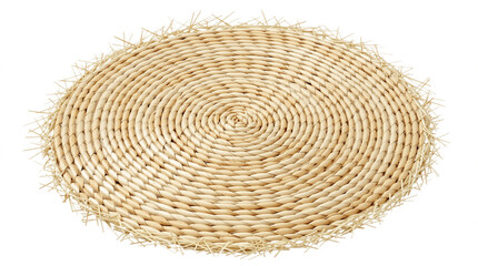 Round woven placemat on a white background with copy space