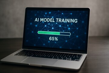 A laptop displaying 'AI Model Training' with a loading bar.