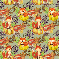 Woodland Cute Fox Little Bird with Pumpkins and Mushrooms Autumn Seamless Pattern for fashion, interior, wallpaper 