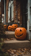 Obraz premium Festive pumpkin display on a fall evening