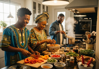 Happy African American family cooking for a Kwanzaa Karamu feast