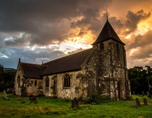 Fototapeta premium Church at sunset, cloudy sky