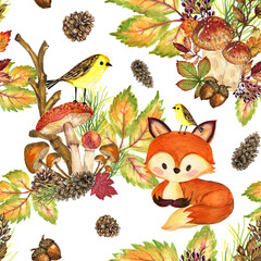 Woodland Cute Fox Little Bird with Pumpkins and Mushrooms Autumn Seamless Pattern for fashion, interior, wallpaper 