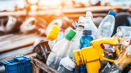 Recycling Bin Overflowing with Plastic Bottles and Containers