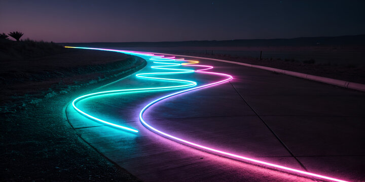 Neon ribbon trail glowing on dark void in futuristic abstract light design - Powered by Adobe