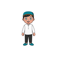 Cute cartoon Muslim boy wearing traditional attire with cap and suit, smiling. Perfect for Islamic education, children’s books, character design, and cultural illustration.