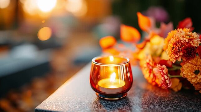 Single Votive Candle on Cemetery Grave with Golden Chrysanthemums, Autumn Memorial Scene Honoring the Dead for All Saints’ and All Souls’ Day in Poland, Copy Space.