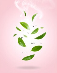 Floating green tea leaves with steam swirls on soft pastel background for wellness, organic product, and natural lifestyle design
