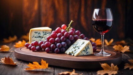 Fototapeta premium A cheese and red wine arrangement with grapes on a wooden board, surrounded by autumn leaves.