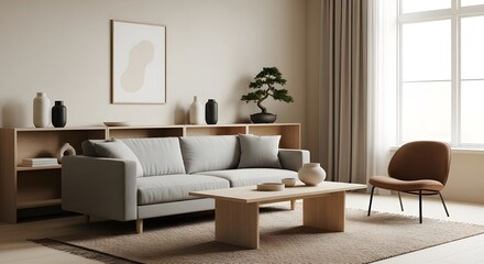 The interior has a neutral Japandi color scheme