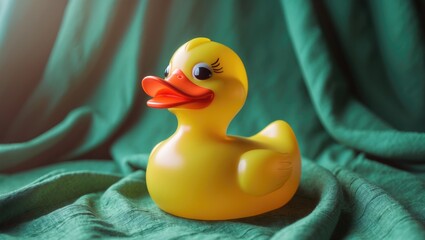 A yellow rubber duck with an orange beak placed on green fabric.