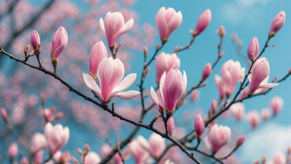 Magnolia blossoms in spring with pink flowers on tree branches against a blue sky background.