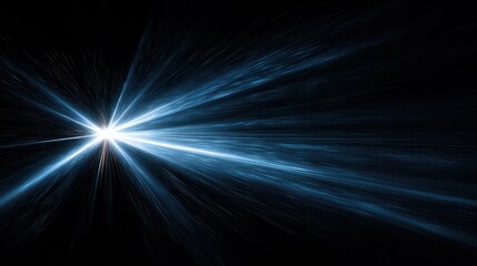 A blue light beam rises from a dark background, with streaks of light radiating outwards, creating a sense of energy and movement.
