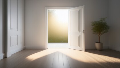 Obraz premium bright light streams through an open door in a minimalist room creating a serene atmosphere