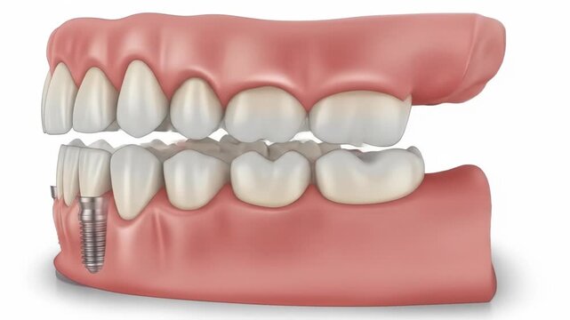 A 3D rendering depicts a dental model of upper and lower teeth. Some teeth are complete; others show dental implants. The gums are visible