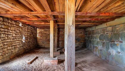 crawl space under house with exposed stone walls brick columns wooden beams and steel posts for structural support