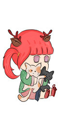 A cute reindeer girl is hugging two cats