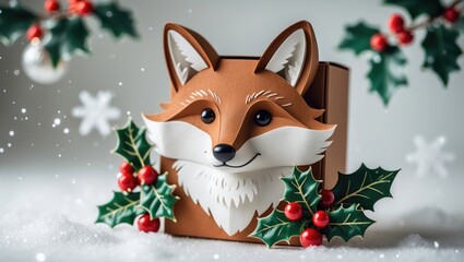 A fox-themed Christmas decoration with holly and berries, set in a snowy setting with festive holiday foliage.