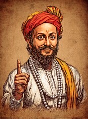 A man with a beard and red turban, pointing upward, wearing a white beaded necklace and yellow sash, against a warm-toned background