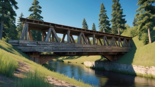 Wooden bridge over a waterway in a forested area with tall trees and green grass.