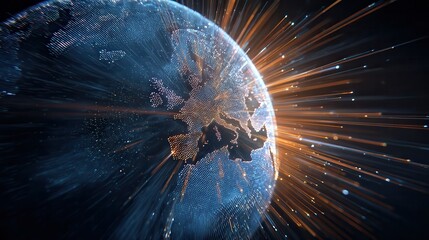 A vibrant globe is encircled by dynamic streaks of light, radiating outwards with energy. The image conveys a sense of global connection and futuristic technology.