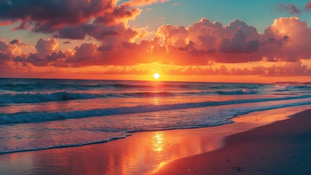 Sunset over the ocean with vibrant orange and pink clouds reflecting on the water and sandy beach. - Powered by Adobe
