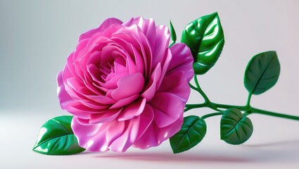 A pink rose with green leaves and stem on a plain background.