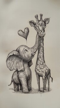 Dibujo en blanco y negro de una elefanta y una jirafa compartiendo un momento tierno.