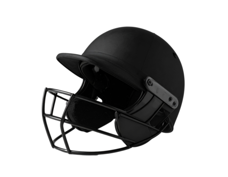 Black cricket batting helmet with protective metal faceguard isolated on transparent background PNG