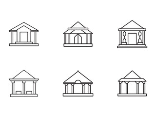 Set of building icons in line style representing various architectural designs and purposes for business and education use