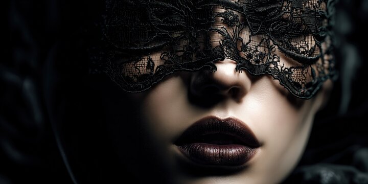 Primer plano de una mujer con un antifaz de encaje negro, labios carmes&iacute; y una mirada enigm&aacute;tica.