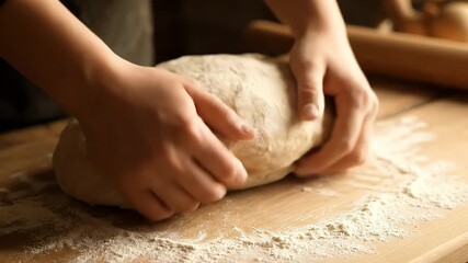 Preparing homemade dough for baking fresh bread or pastry with skilled hands on rustic wooden table and flour sprinkling around with traditional