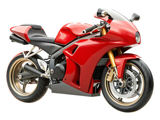  red sport motorcycle with gold exhaust and wheels isolated on a transparent background