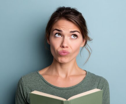 Thoughtful woman with a book, gazing upward with a pensive expression, set against a muted backdrop. - Powered by Adobe