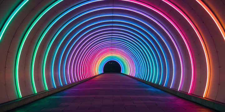 Neon holographic spiral tunnel light in futuristic glowing abstract design