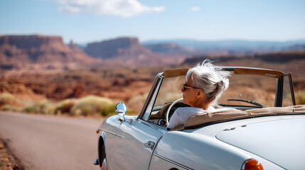 silver-haired woman driving a convertible through desert road alone, sunglasses on, wind in hair, 
