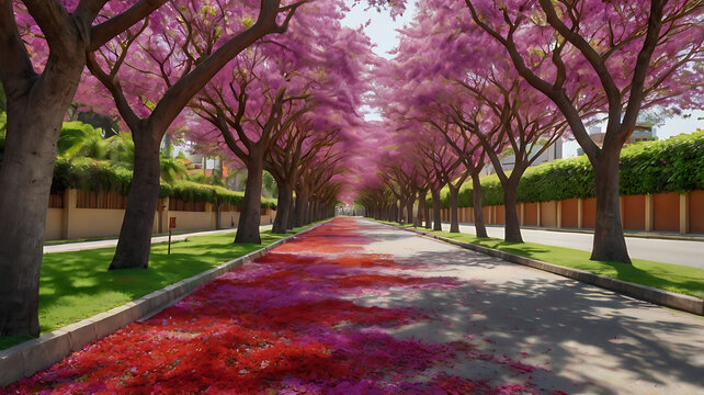 Colorful photograph depicting a picturesque street lined with jacaranda trees in full bloom