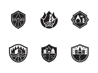 Set of Disaster and Environment Icons in Minimalist Black and White Shield Designs Depicting Earthquakes Floods and Wildfires