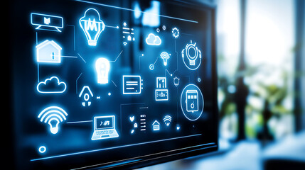 Interactive Display Featuring Internet of Things (IoT) Icons and Connectivity Symbols