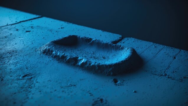 A footprint impression on the surface, illuminated with blue light, with the number 77143.