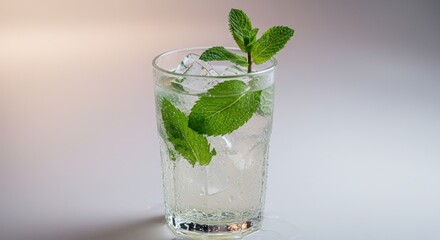 A glass filled with ice clear liquid and fresh mint leaves sits on a white surface