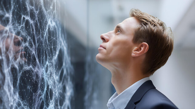 senior manager consulting AI chatbot on smart glass wall during strategy meeting, 